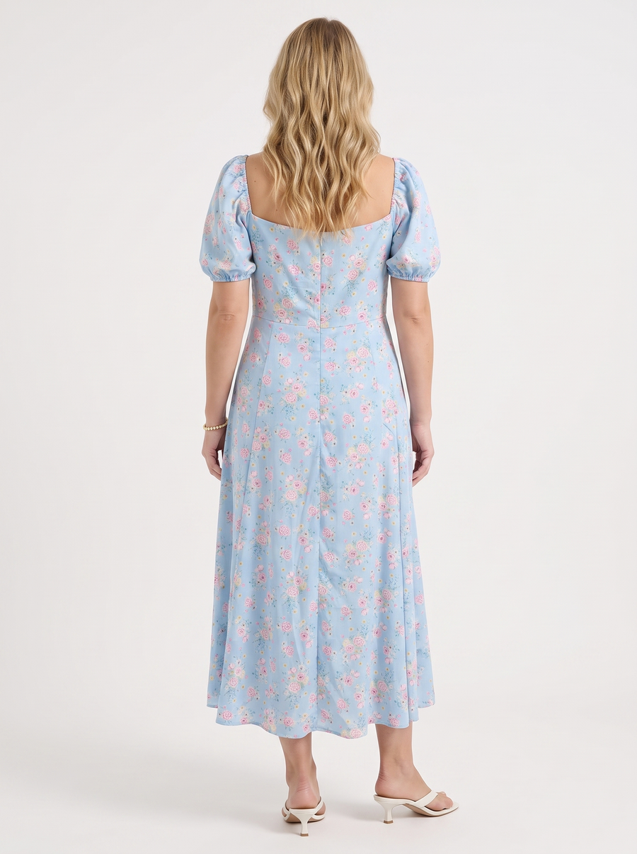 Ivy Floral Puff Sleeve Tiered Cotton Midi Dress