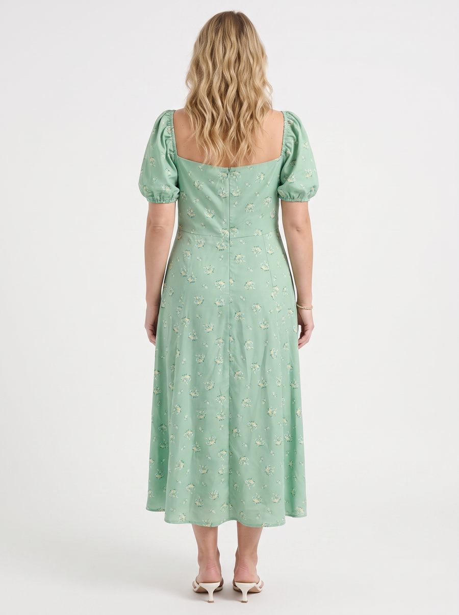 Ivy Floral Puff Sleeve Tiered Cotton Midi Dress
