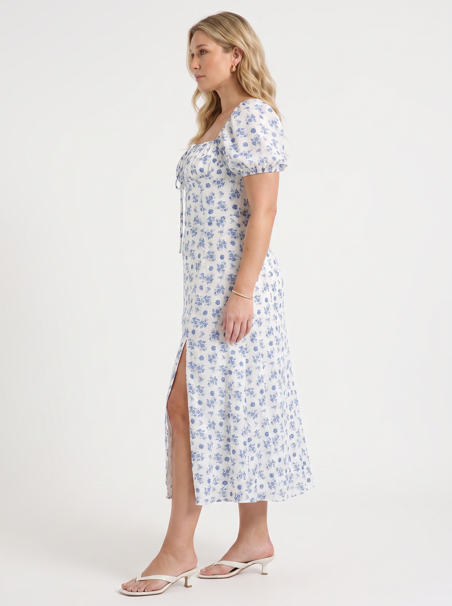 Ivy Floral Puff Sleeve Tiered Cotton Midi Dress
