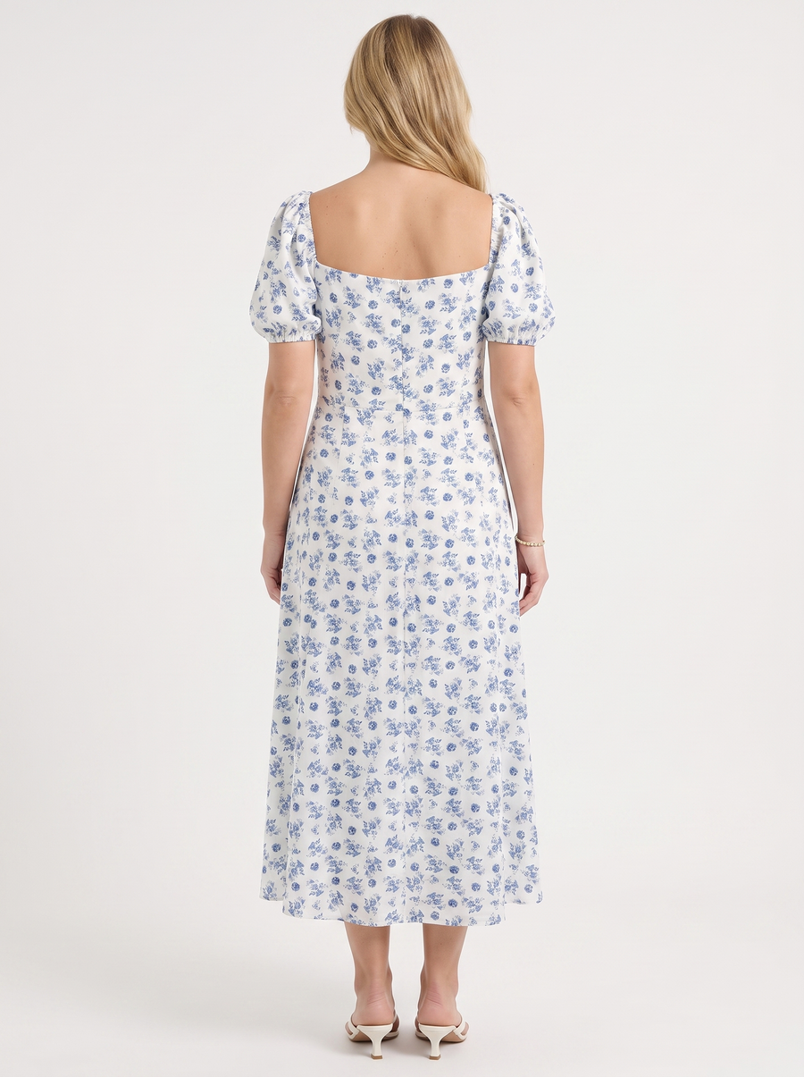 Ivy Floral Puff Sleeve Tiered Cotton Midi Dress
