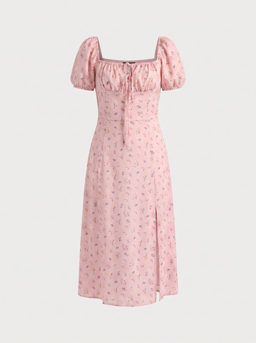 Ivy Floral Puff Sleeve Tiered Cotton Midi Dress