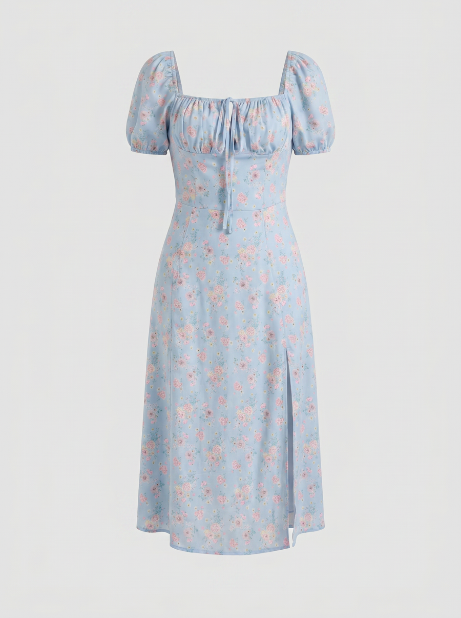 Ivy Floral Puff Sleeve Tiered Cotton Midi Dress