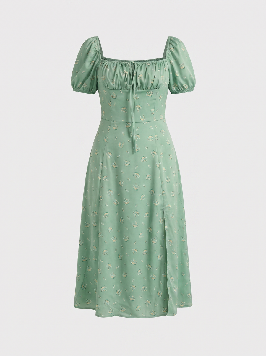 Ivy Floral Puff Sleeve Tiered Cotton Midi Dress