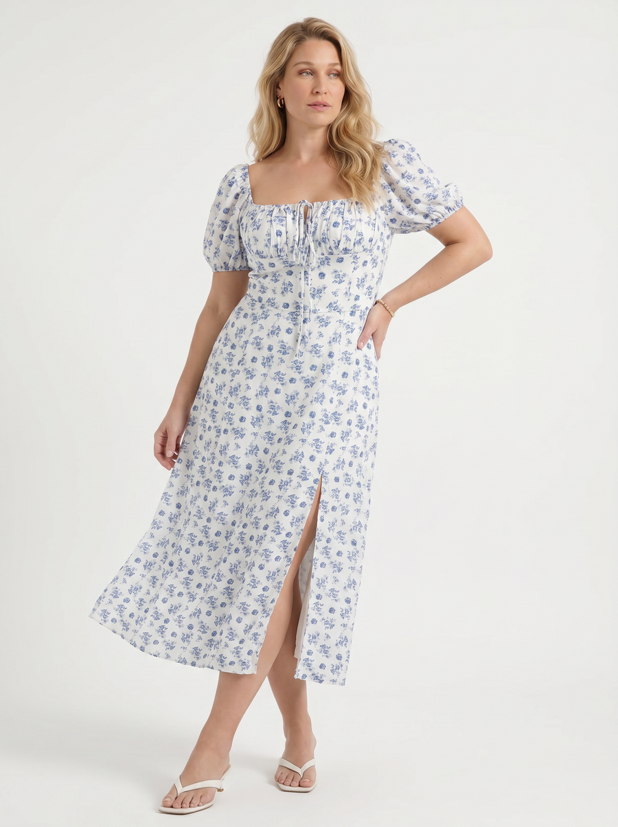 Ivy Floral Puff Sleeve Tiered Cotton Midi Dress
