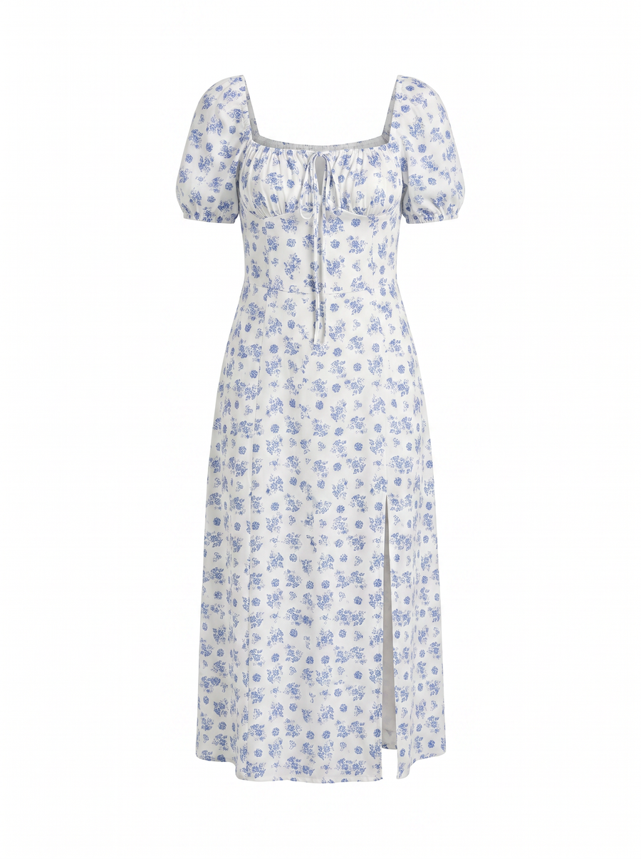Ivy Floral Puff Sleeve Tiered Cotton Midi Dress