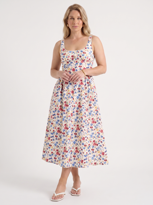 Delilah Floral Square Neck Cotton Midi Dress
