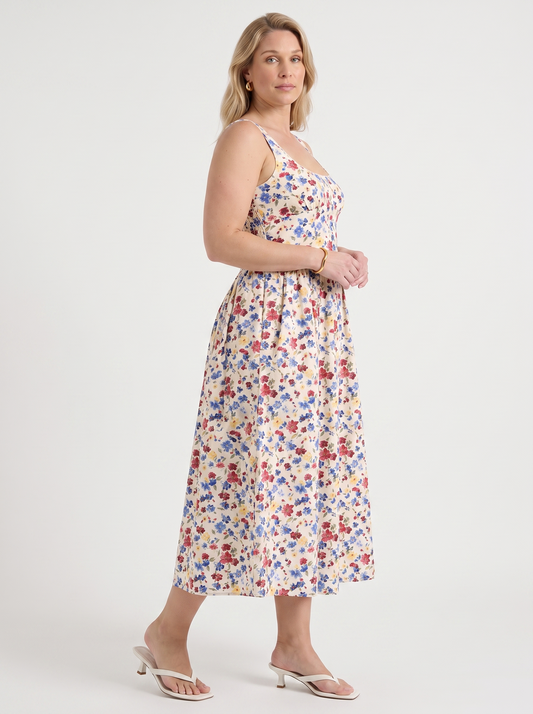 Delilah Floral Square Neck Cotton Midi Dress