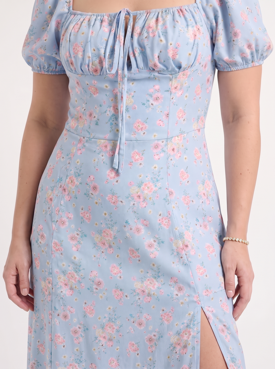 Ivy Floral Puff Sleeve Tiered Cotton Midi Dress