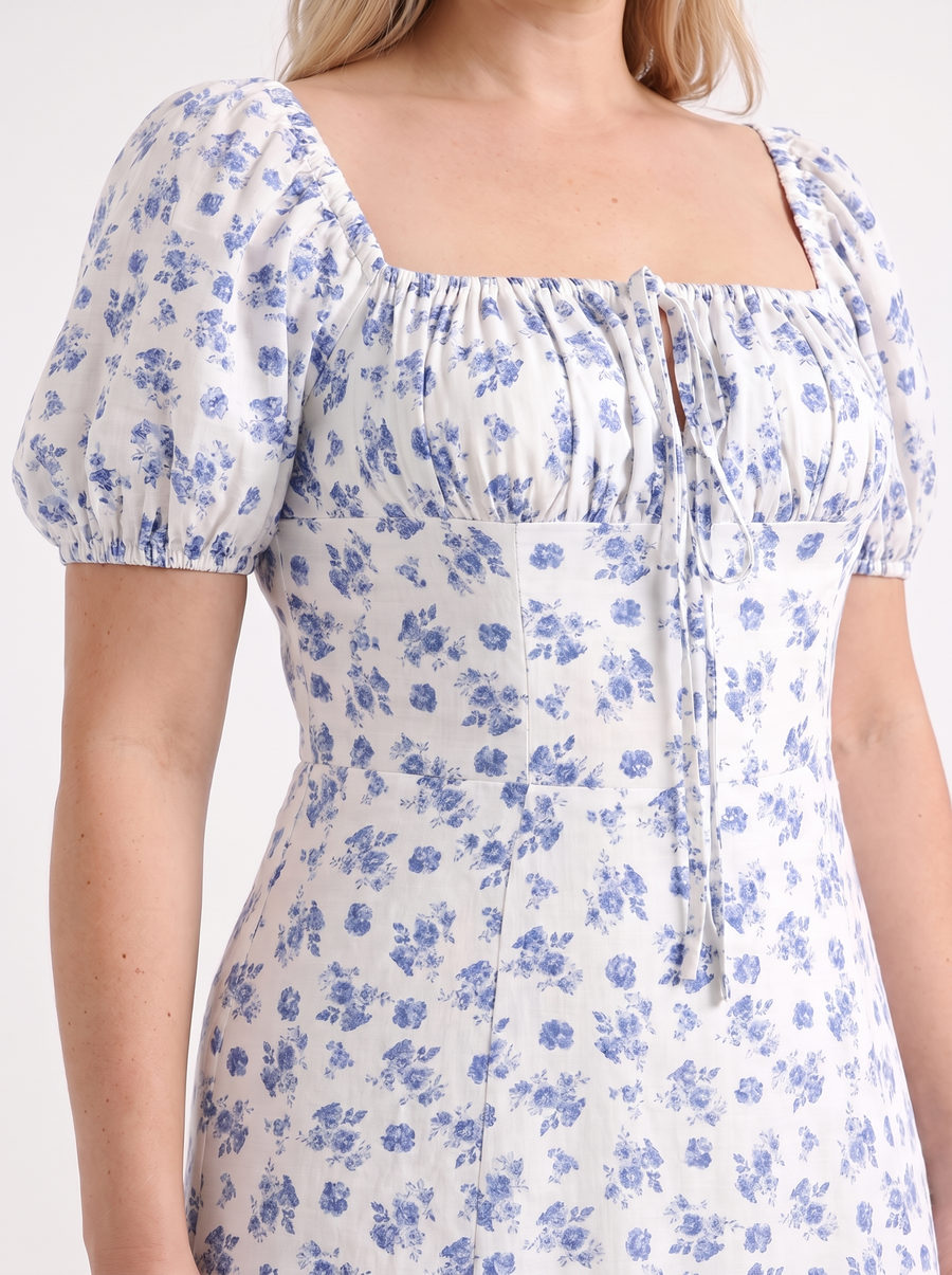 Ivy Floral Puff Sleeve Tiered Cotton Midi Dress