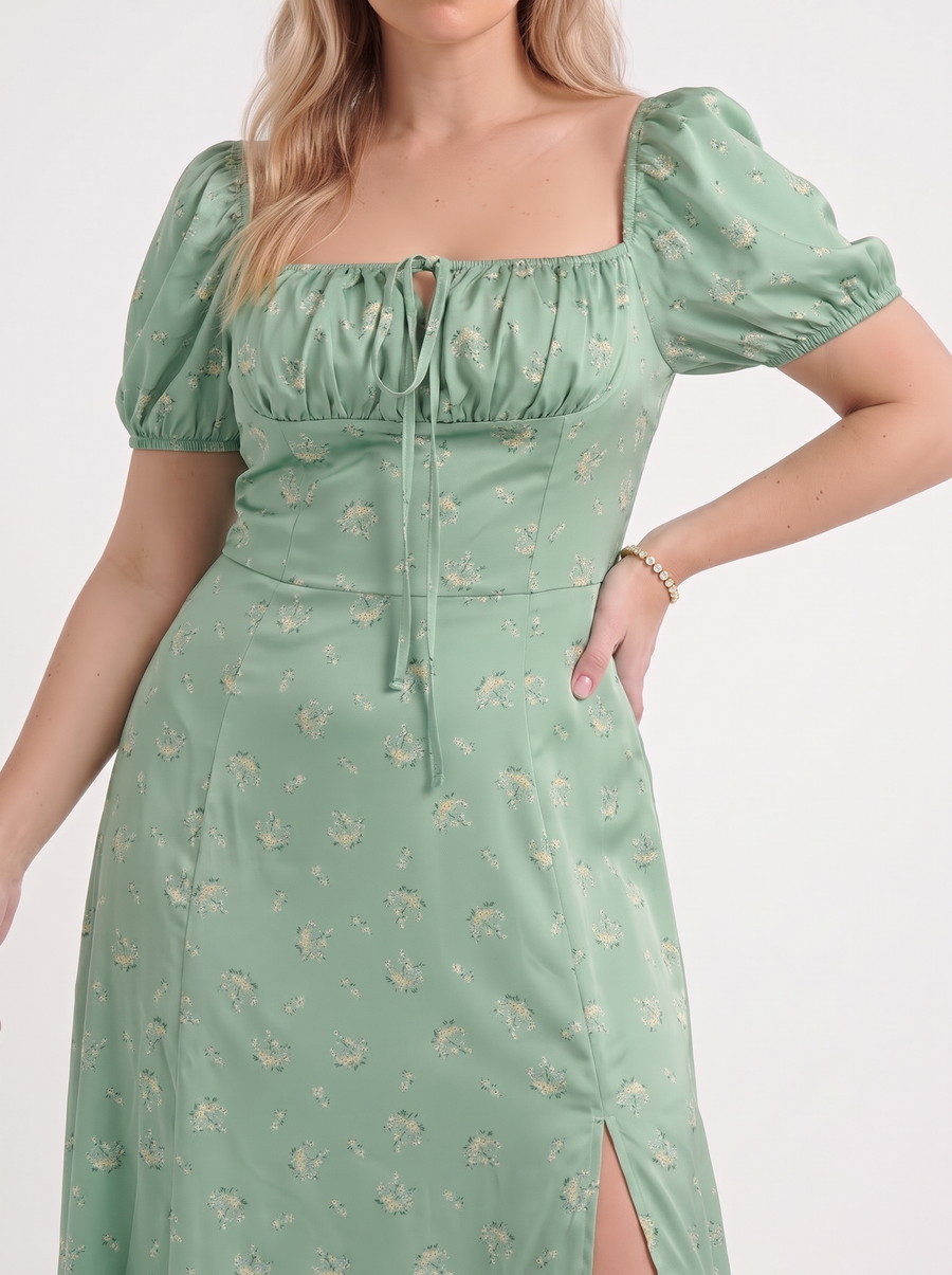 Ivy Floral Puff Sleeve Tiered Cotton Midi Dress