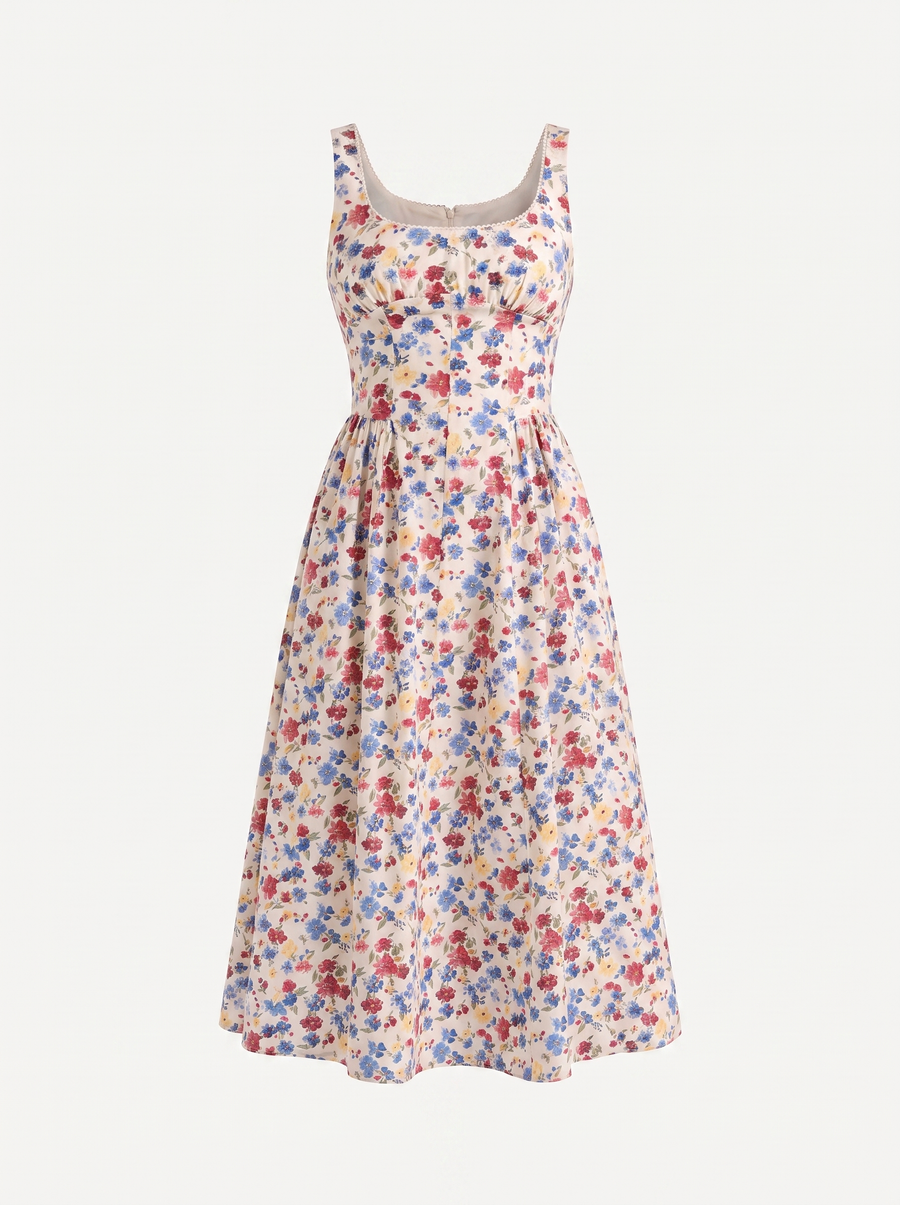 Delilah Floral Square Neck Cotton Midi Dress