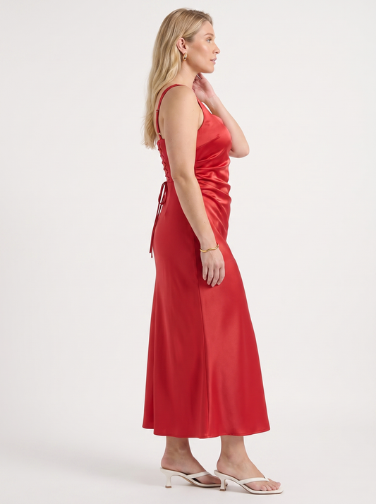Lucia Satin Ruched Cocktail Midi Dress