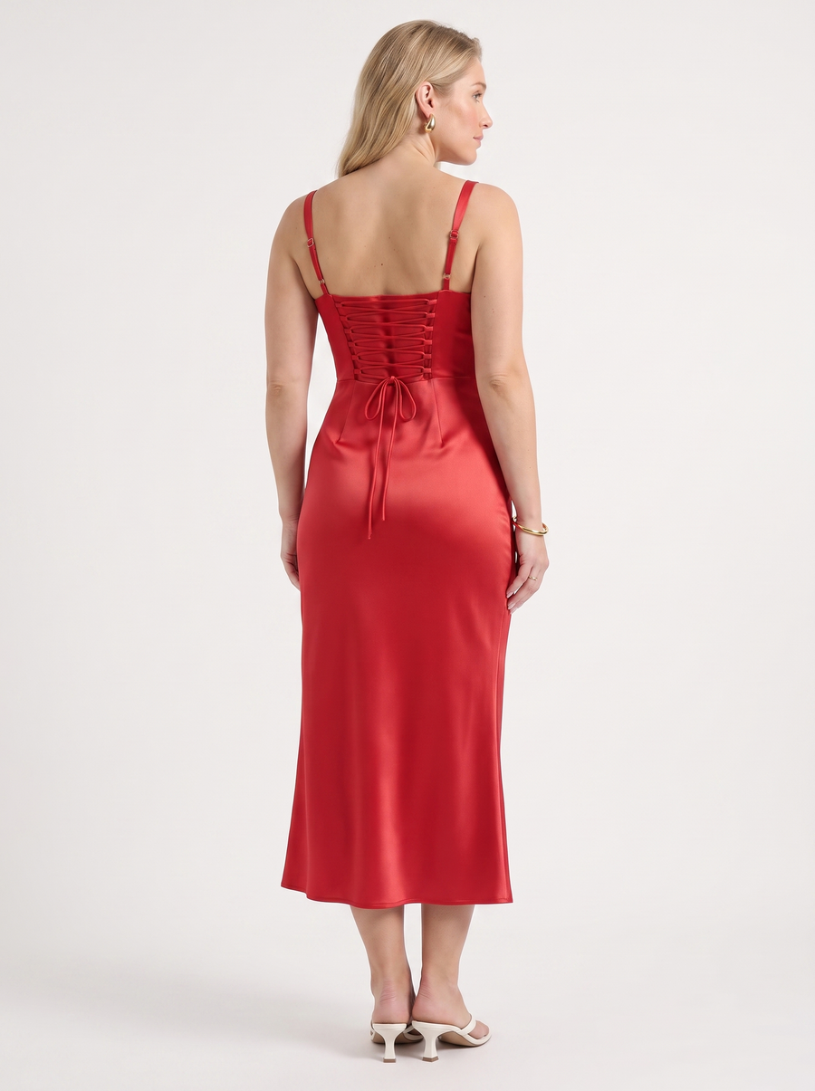 Lucia Satin Ruched Cocktail Midi Dress