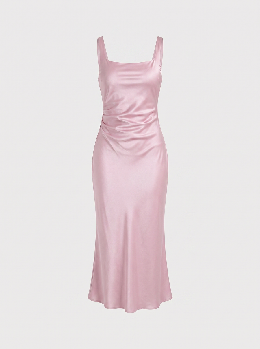 Lucia Satin Ruched Cocktail Midi Dress