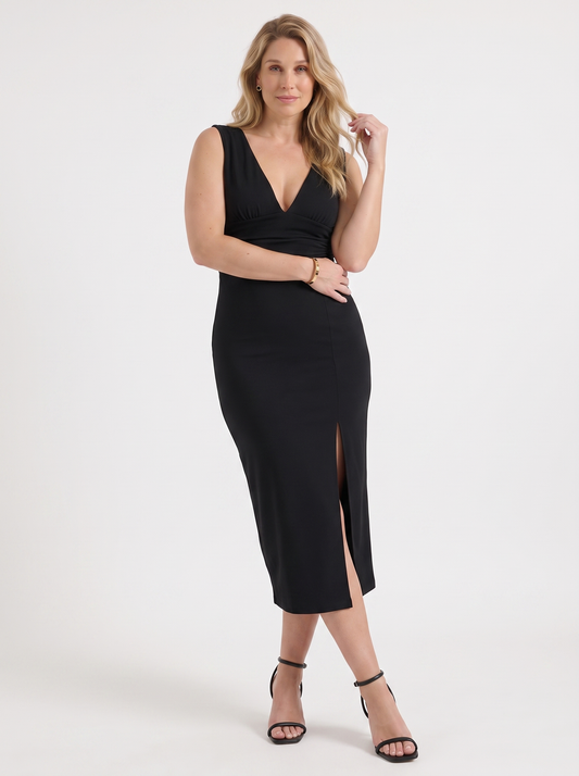 Leonora V Neck Ruched Midi Dress with Slit