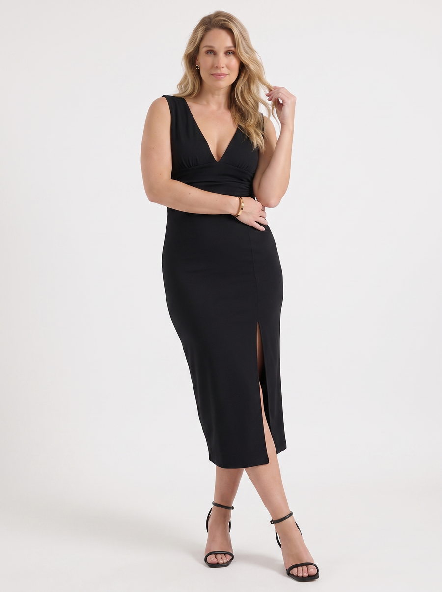 Leonora V Neck Ruched Midi Dress with Slit