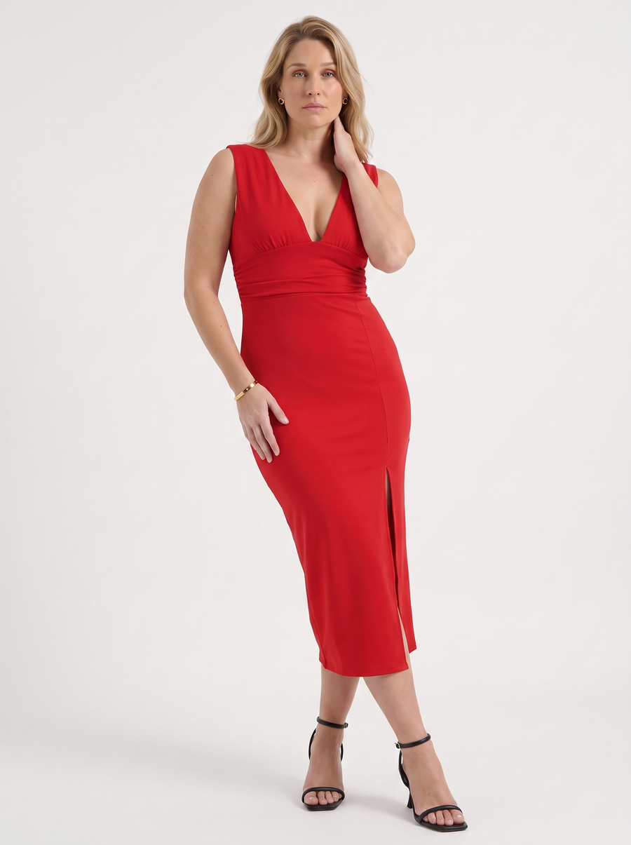 Leonora V Neck Ruched Midi Dress with Slit