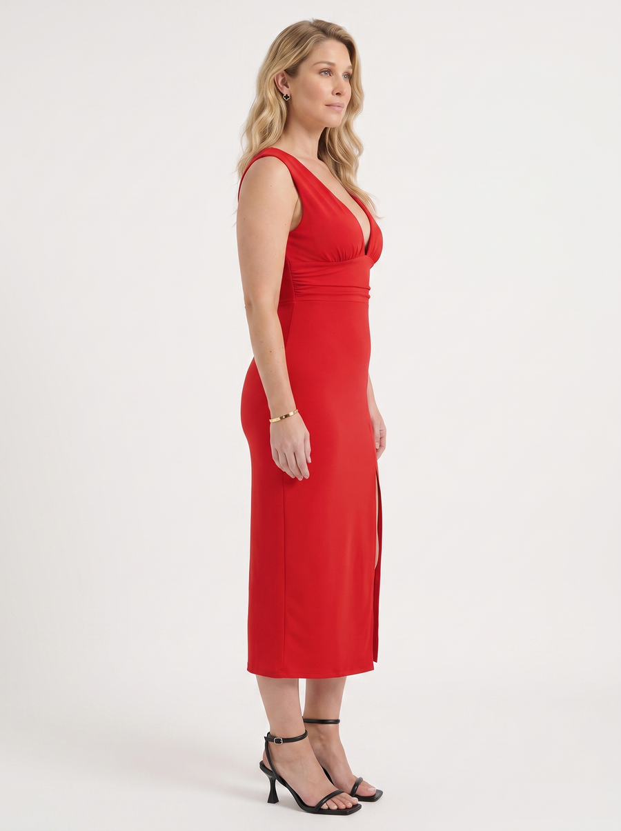 Leonora V Neck Ruched Midi Dress with Slit