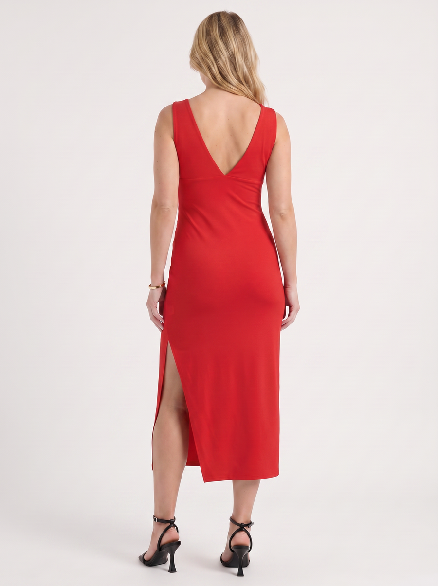 Leonora V Neck Ruched Midi Dress with Slit