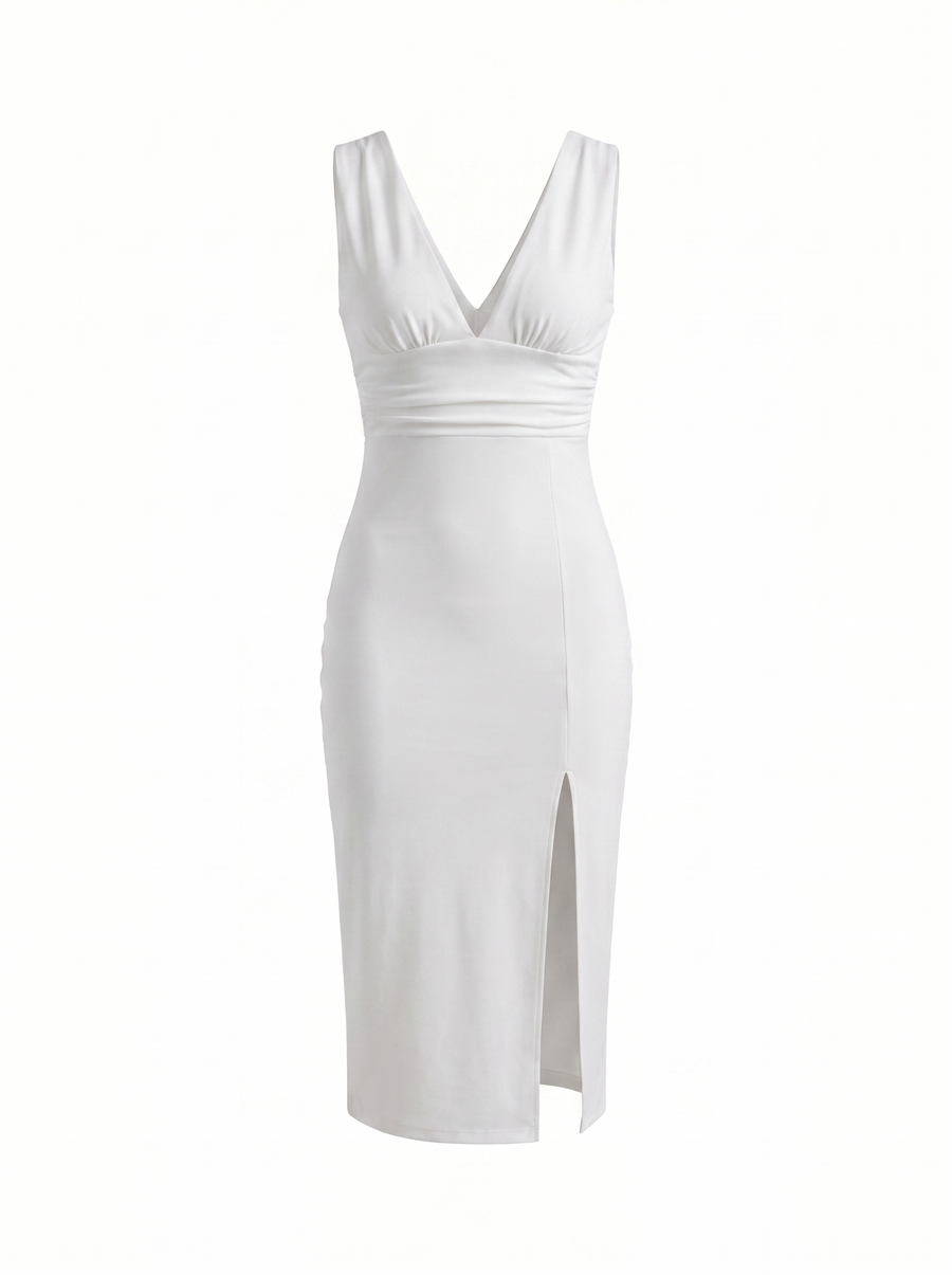 Leonora V Neck Ruched Midi Dress with Slit