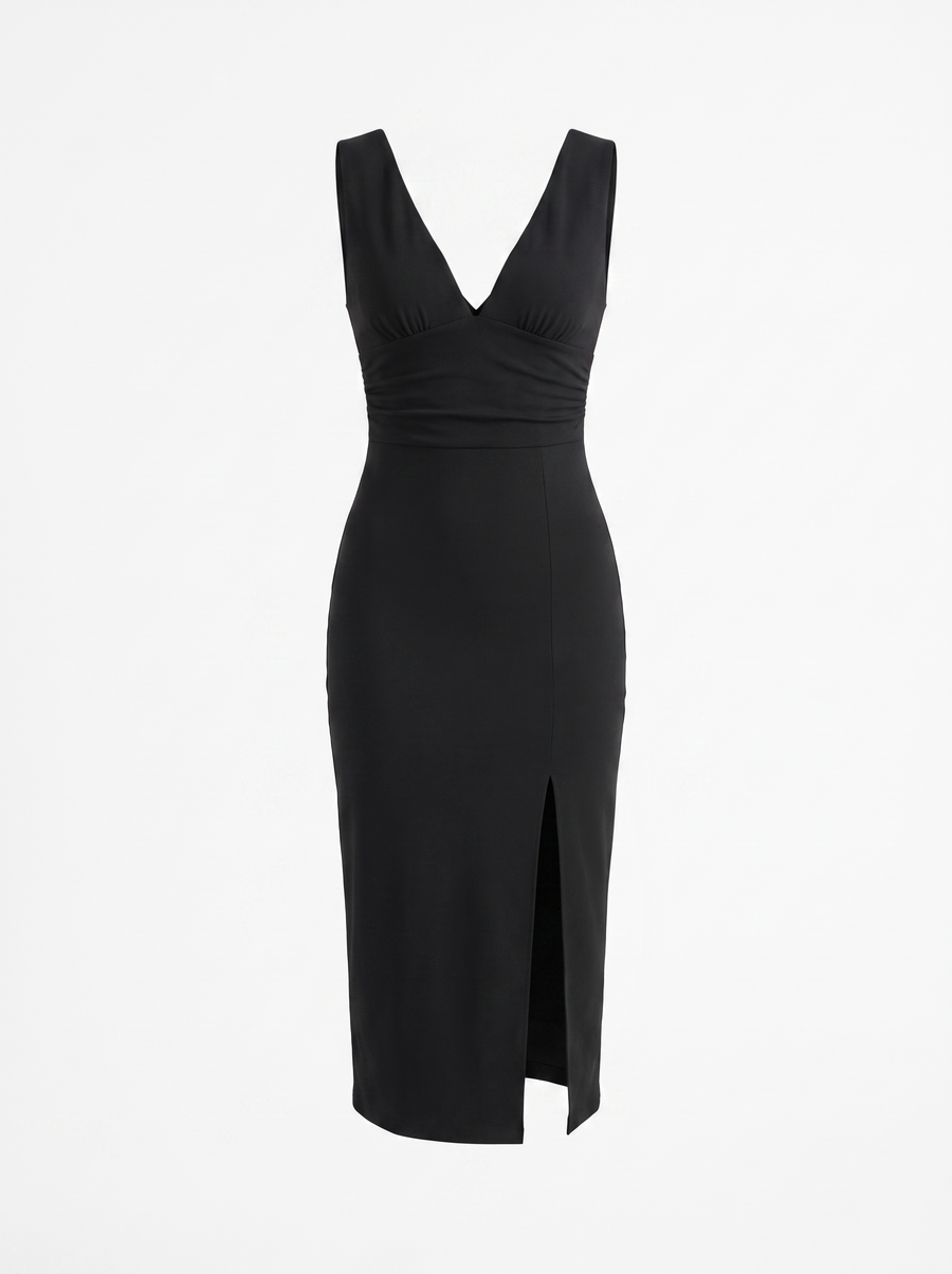 Leonora V Neck Ruched Midi Dress with Slit