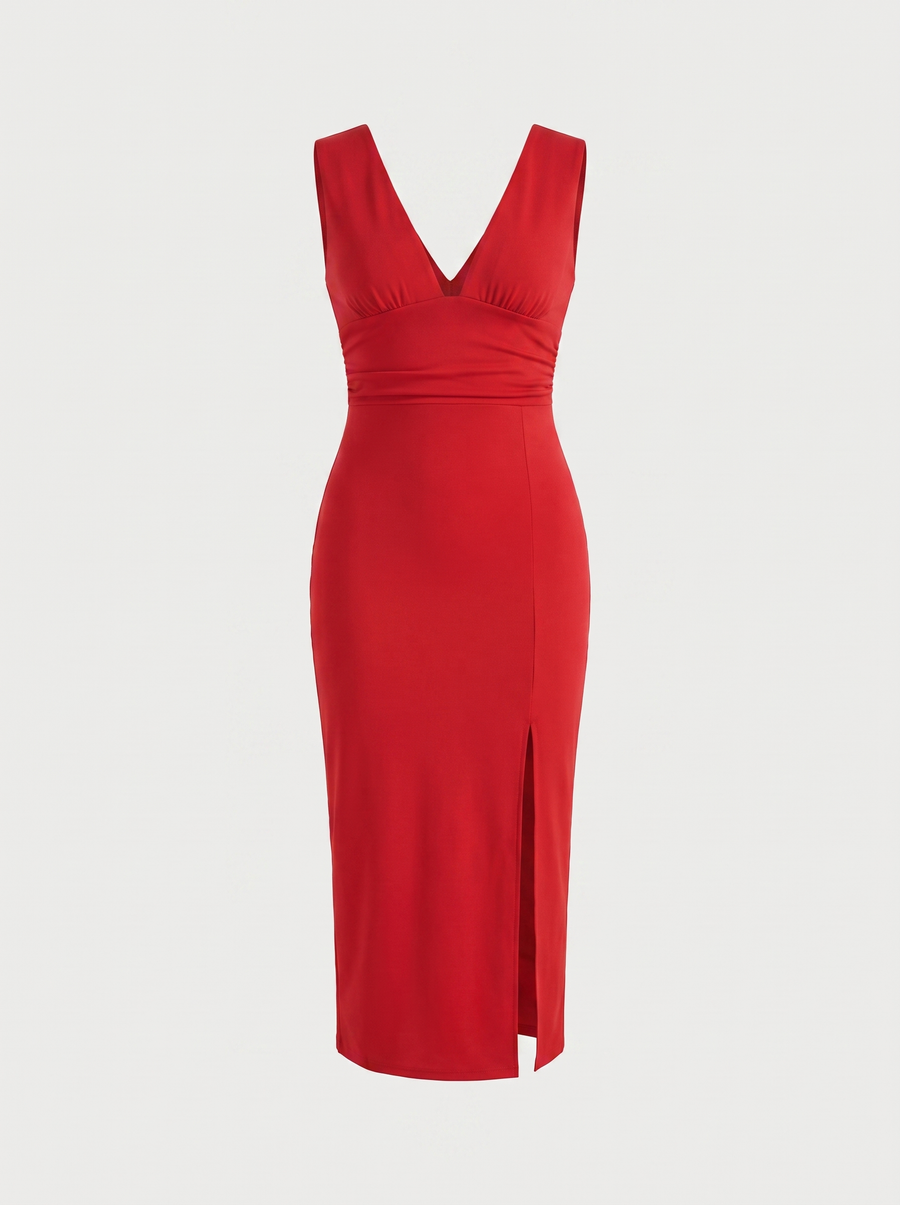 Leonora V Neck Ruched Midi Dress with Slit
