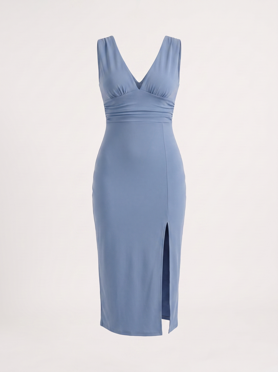 Leonora V Neck Ruched Midi Dress with Slit