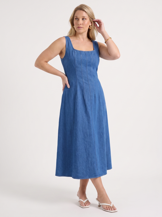 Vicky Denim Look Square Neck Midi Dress