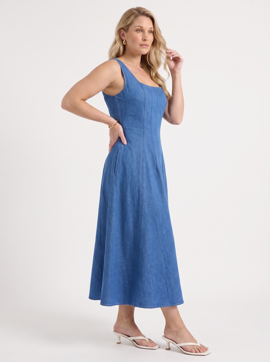 Vicky Denim Look Square Neck Midi Dress