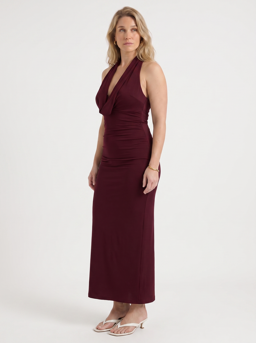Lorena Cowl Halter Neck Ruched Maxi Dress