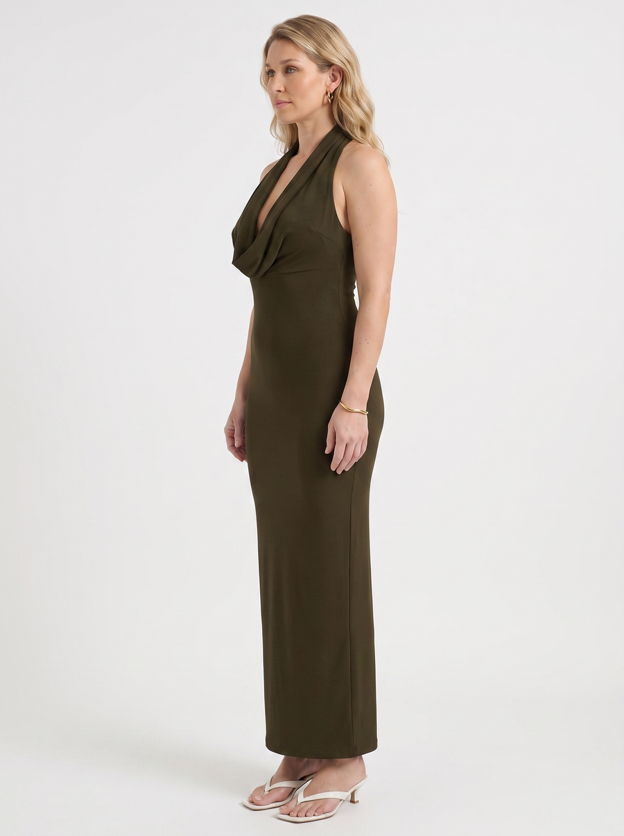 Lorena Cowl Halter Neck Ruched Maxi Dress