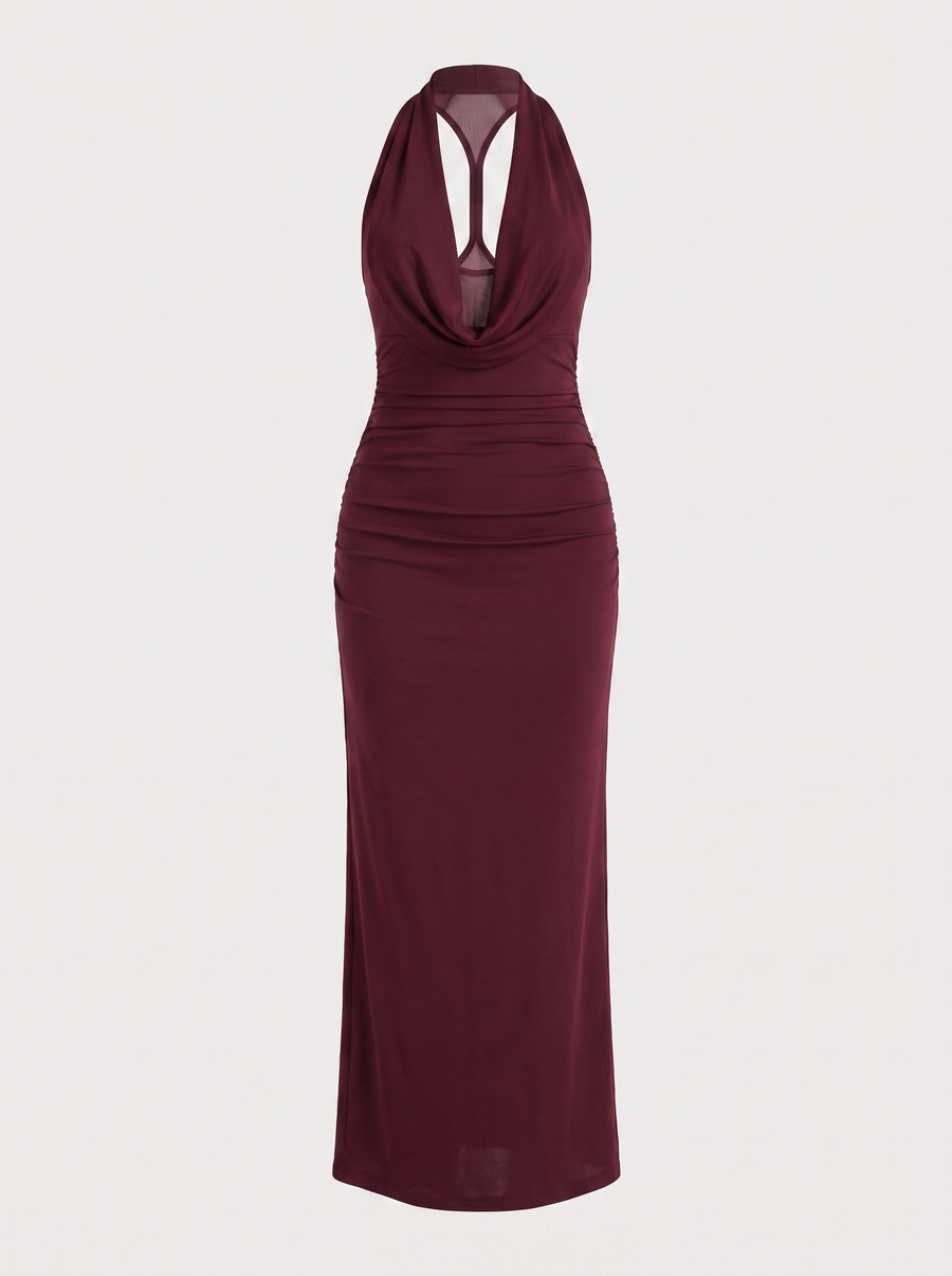 Lorena Cowl Halter Neck Ruched Maxi Dress
