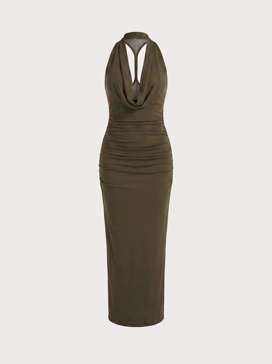 Lorena Cowl Halter Neck Ruched Maxi Dress