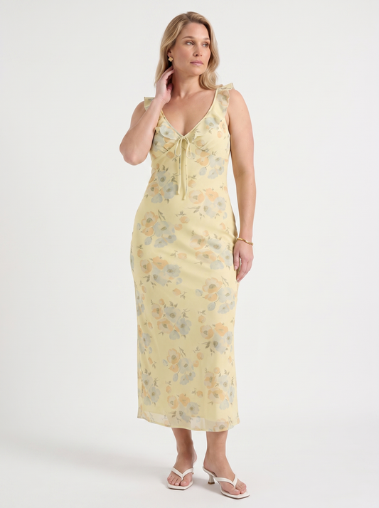 Elly Floral Lace Up Ruffle Strap Midi Dress