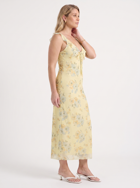 Elly Floral Lace Up Ruffle Strap Midi Dress
