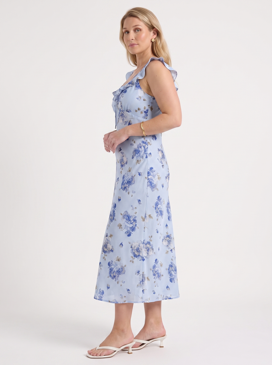 Elly Floral Lace Up Ruffle Strap Midi Dress