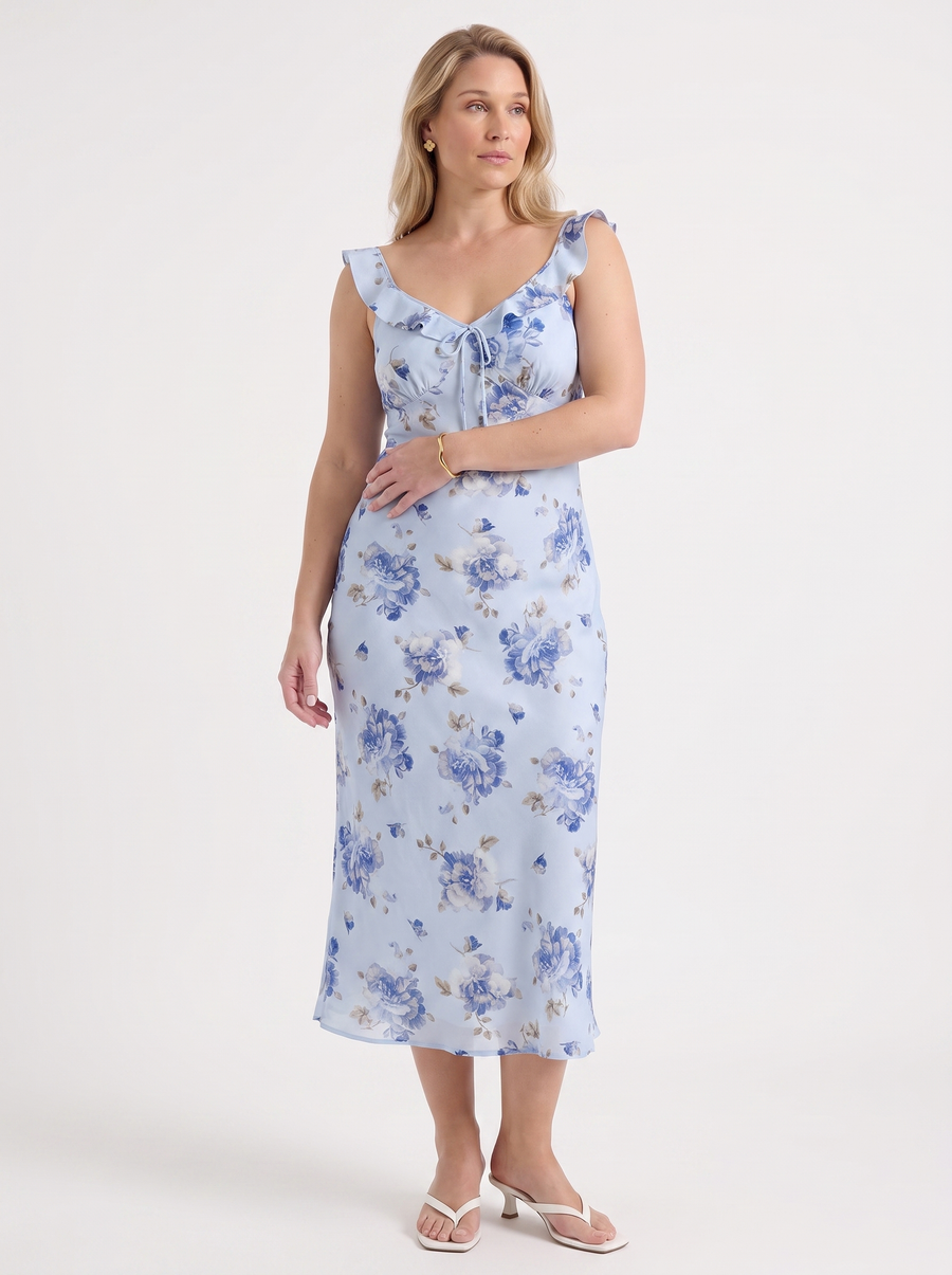 Elly Floral Lace Up Ruffle Strap Midi Dress