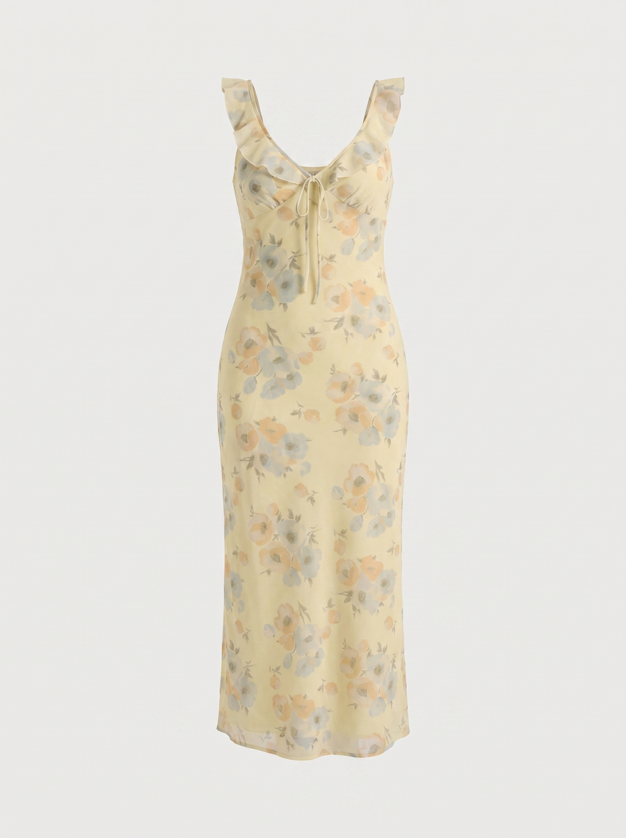 Elly Floral Lace Up Ruffle Strap Midi Dress