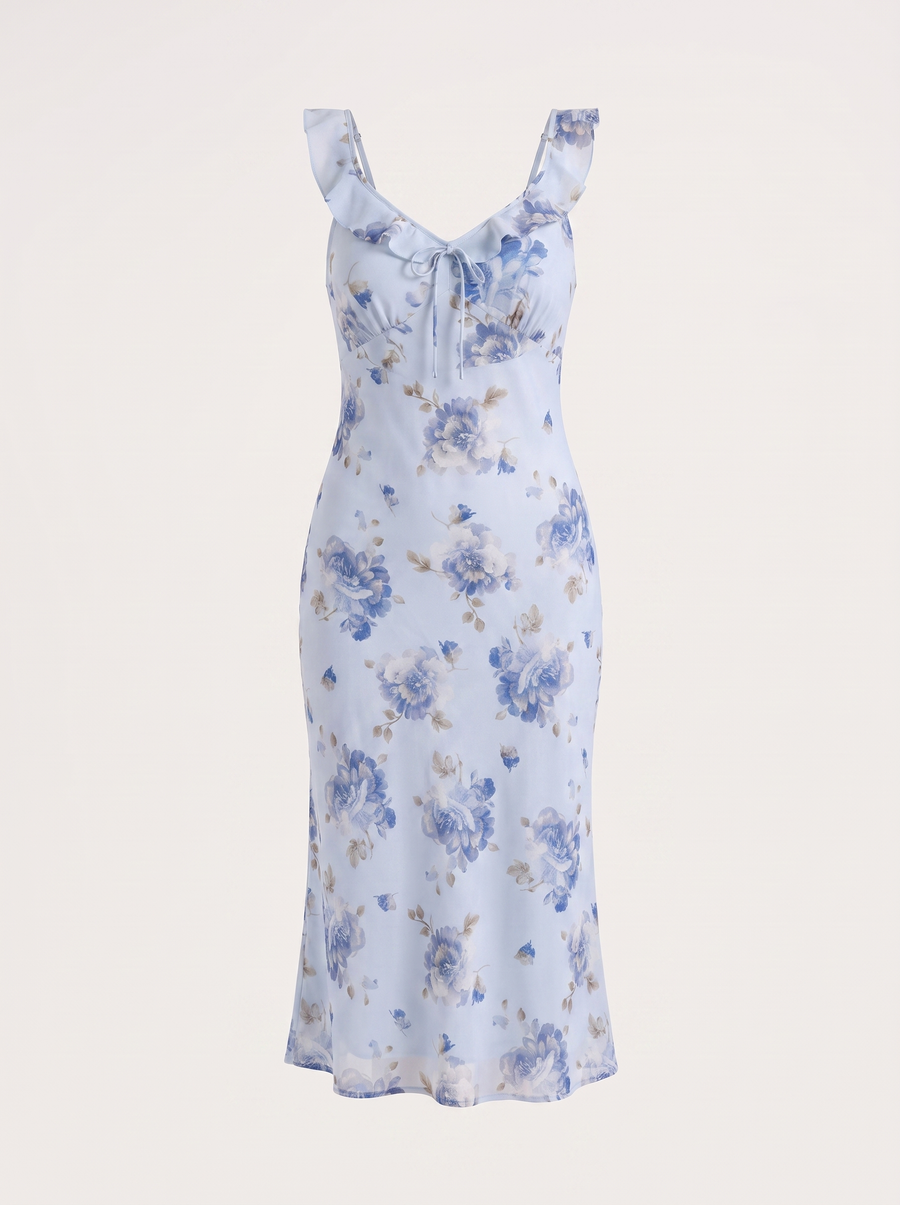 Elly Floral Lace Up Ruffle Strap Midi Dress