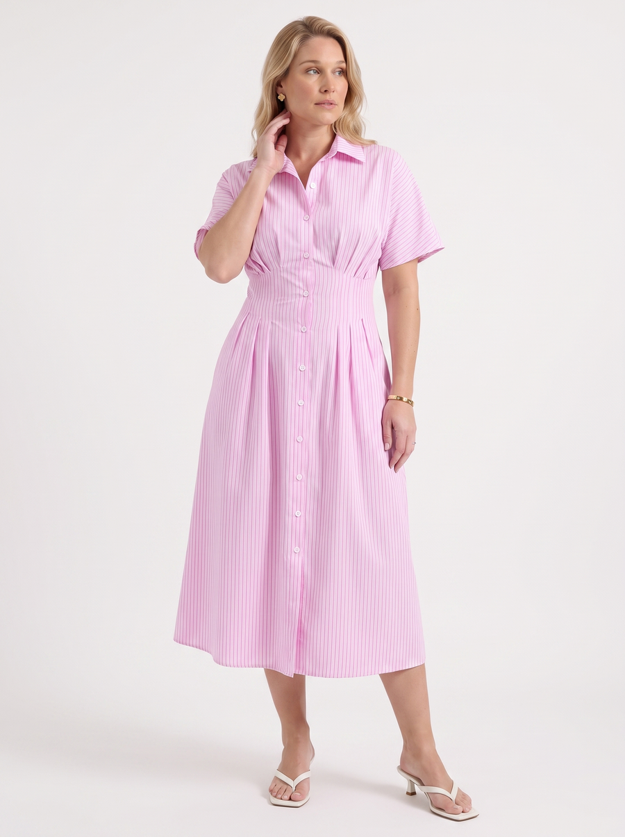 Margie Striped Button Front Midi Shirt Dress