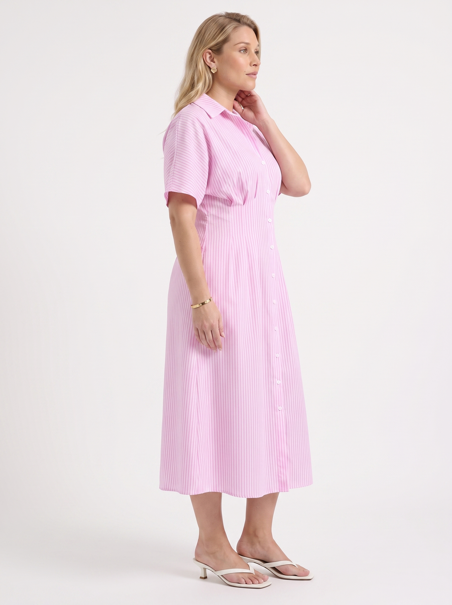 Margie Striped Button Front Midi Shirt Dress