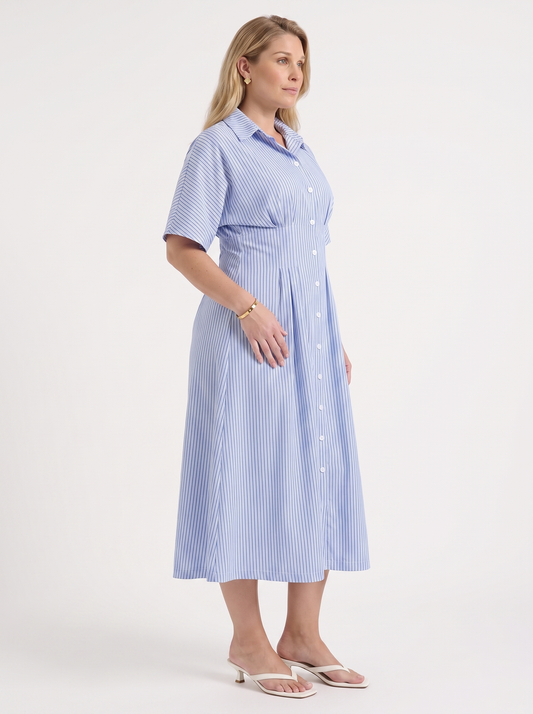 Margie Striped Button Front Midi Shirt Dress