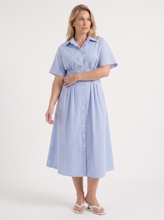 Margie Striped Button Front Midi Shirt Dress