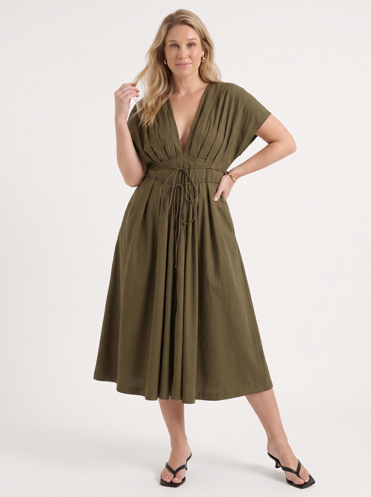 Blakely Smocked Waist Tie Front Midi Dress
