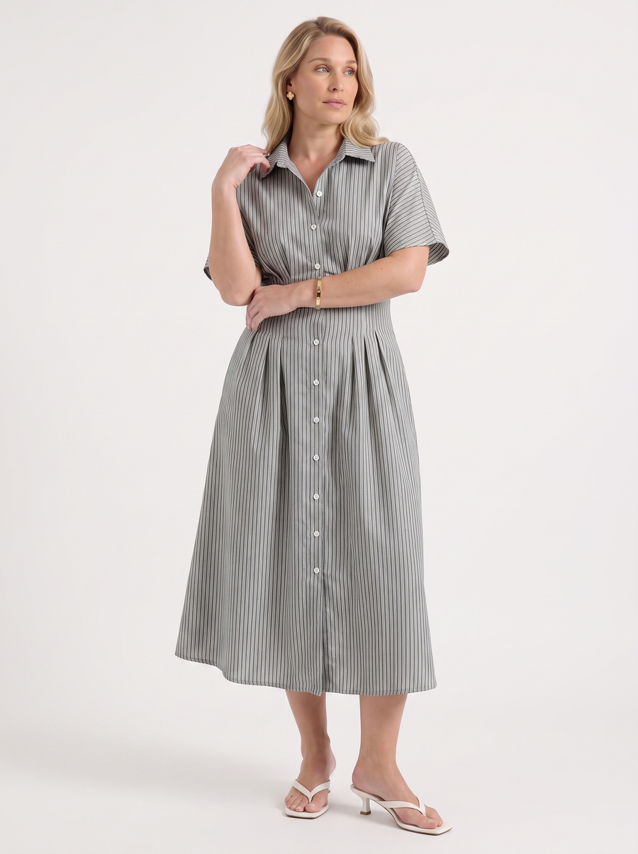 Margie Striped Button Front Midi Shirt Dress
