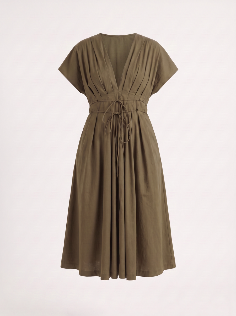 Blakely Smocked Waist Tie Front Midi Dress