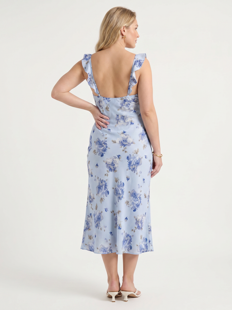 Elly Floral Lace Up Ruffle Strap Midi Dress
