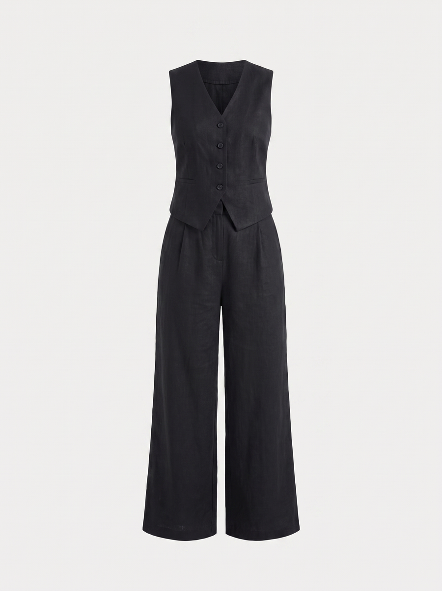 Cherish Button Vest and Pleated Wide Leg Pants Set