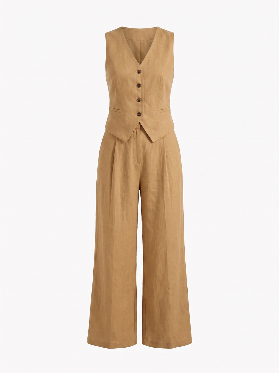 Cherish Button Vest and Pleated Wide Leg Pants Set
