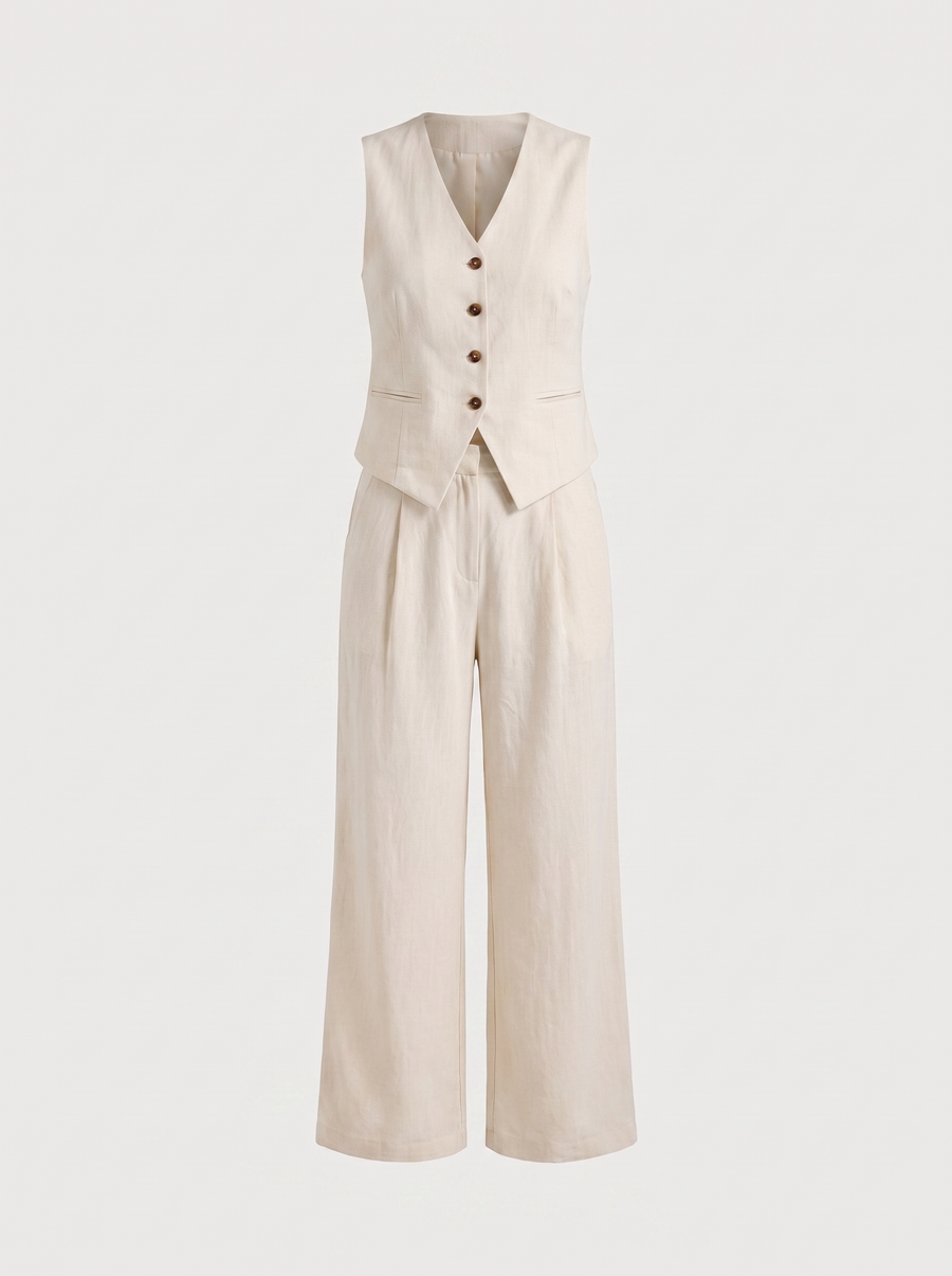Cherish Button Vest and Pleated Wide Leg Pants Set